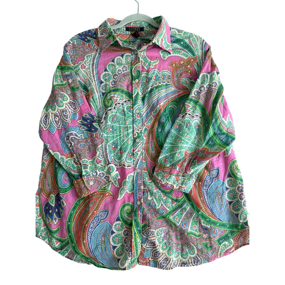 Lauren Ralph Lauren Pink Green Paisley Cotton Button Down Shirt Womens 1X